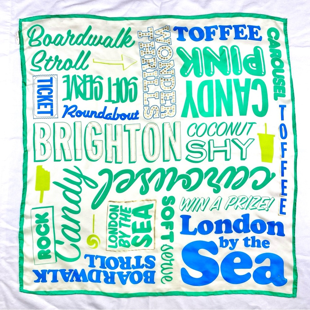 Kate Spade large square silk scarf amusement boardwalk text EUC